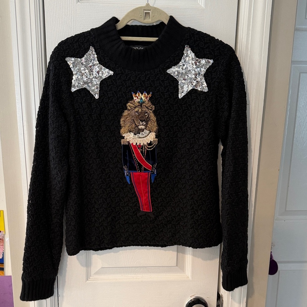 Dolce & Gabbana Black Sweater with Lion and Silver Stars